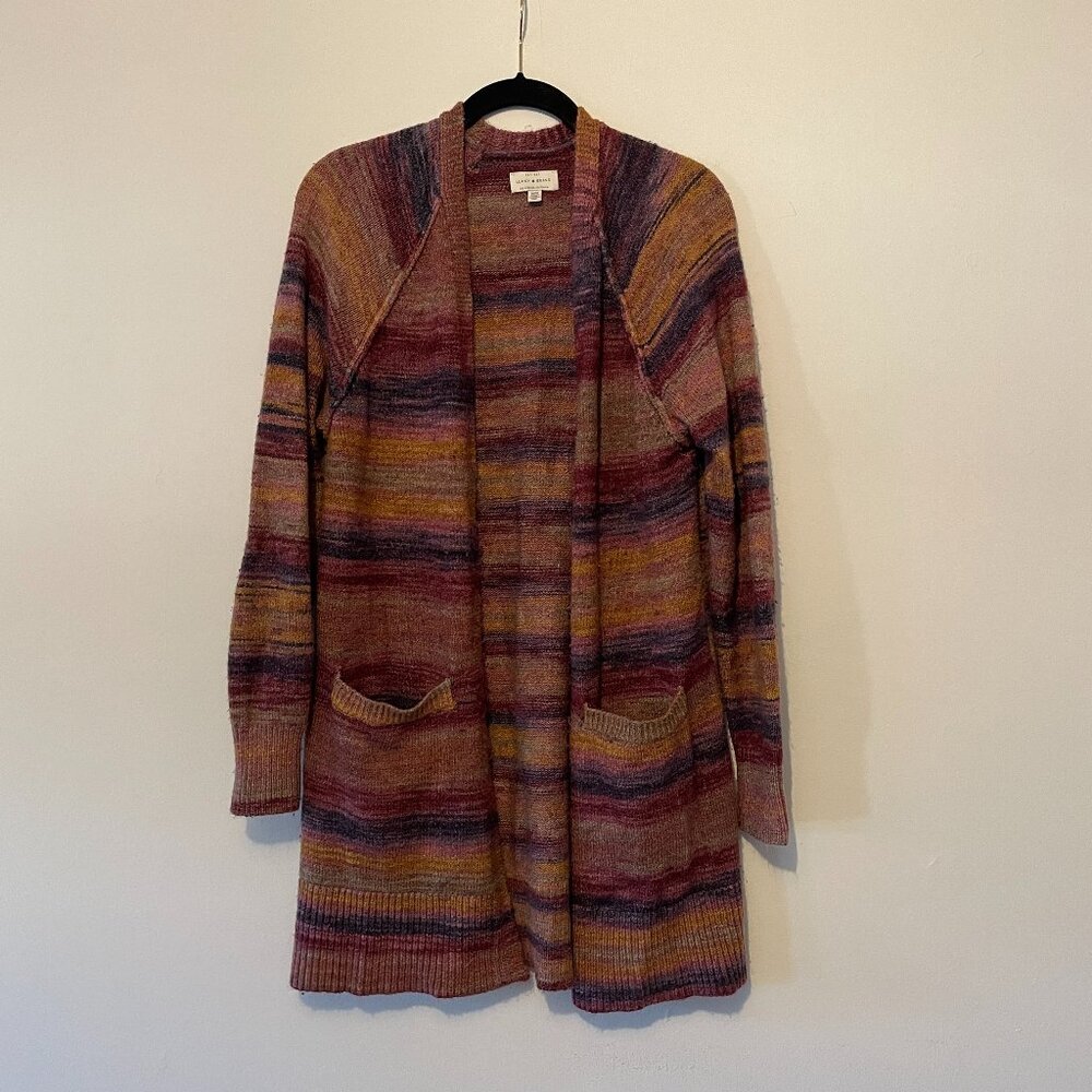 Lucky Brand Casual Sweater Cardigan - open front pockets purple tan stripes MED